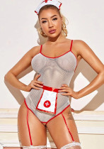 Women White Sexy Mesh See Through Nurse Costume Lingerie