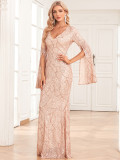Women's V Neck Slit Long Sleeves Fully Lined Formal Party Mermaid Glitter Evening Dress