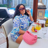 Women's Fashion Print Casual Long Sleeve Cardigan Shorts Pocket Two-Piece Set