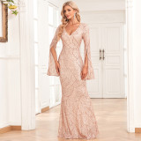 Women's V Neck Slit Long Sleeves Fully Lined Formal Party Mermaid Glitter Evening Dress