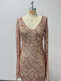 Women's V Neck Slit Long Sleeves Fully Lined Formal Party Mermaid Glitter Evening Dress