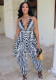 Women's Fashion Sexy Low Cut V-Neck Suspenders Positioning Print Jumpsuit
