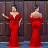 Women's Fashion Solid Color Off Shoulder Deep V Low Back Mermaid Dress