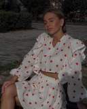 Women Ruffle Strawberry Print Long Sleeve Top and Skirt Two-Piece Set
