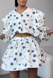Women Ruffle Strawberry Print Long Sleeve Top and Skirt Two-Piece Set