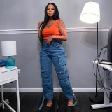 Trendy Multi Pocket Denim Pants Wash Cargo Pants Jeans