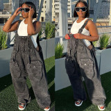 Women's Style Street Pocket Wide Leg Pants Loose Straps Denim Pants
