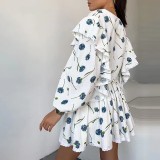 Women Ruffle Strawberry Print Long Sleeve Top and Skirt Two-Piece Set