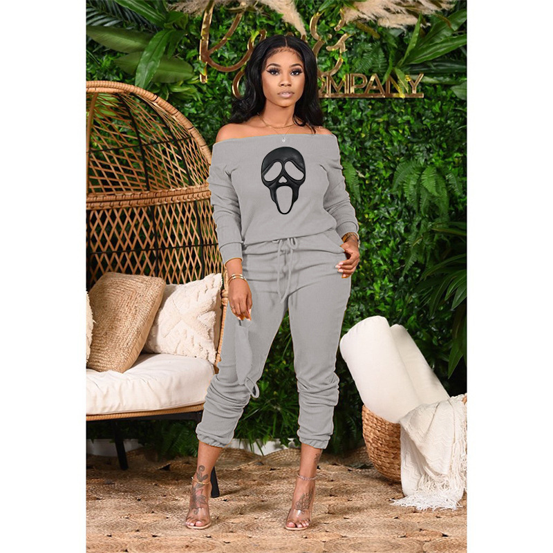 Women's Ribbed Loose Off Shoulder Casual Skull Print Two-Piece Pants Set