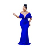 Women's Fashion Solid Color Off Shoulder Deep V Low Back Mermaid Dress