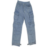 Trendy Multi Pocket Denim Pants Wash Cargo Pants Jeans