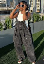Women's Style Street Pocket Wide Leg Pants Loose Straps Denim Pants Women's Style Street Pocket Wide Leg Pants Loose Straps Denim Pants