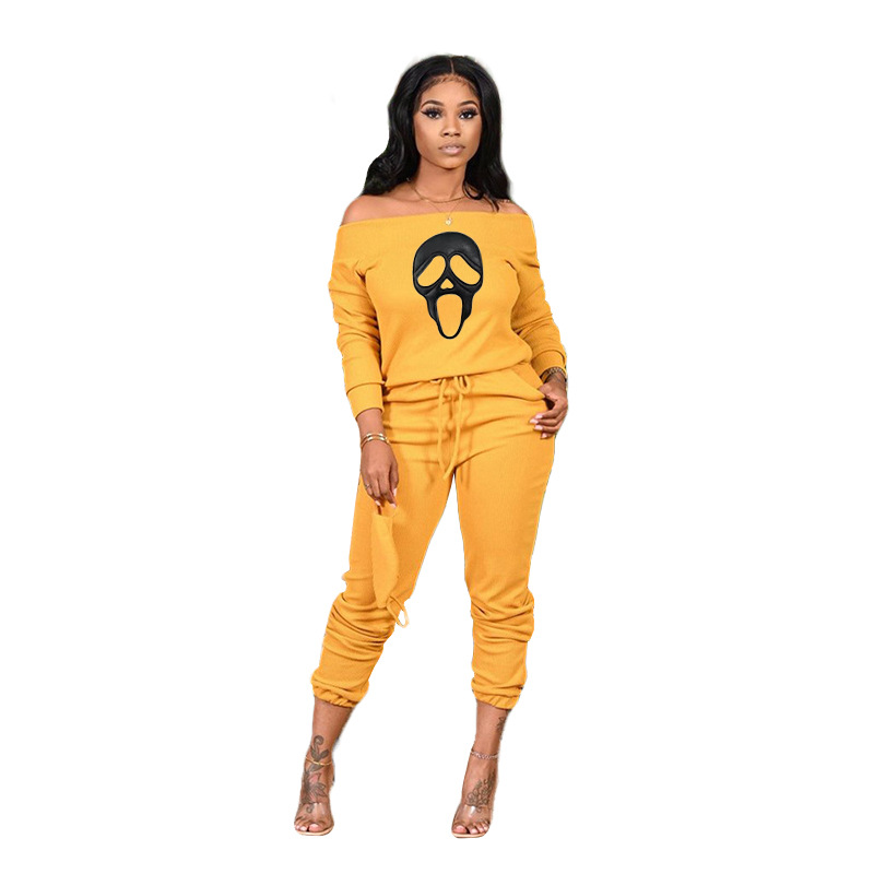 Women's Ribbed Loose Off Shoulder Casual Skull Print Two-Piece Pants Set