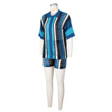 Women Sexy Cutout See-Through Contrasting Color Turndown Collar Top and Shorts Two-Piece Set