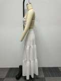 Women Sexy Solid Crop Top and Belt Skirt Two-Piece Set
