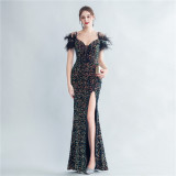 Women Herringbone ostrich velvet sequined mermaid evening dress