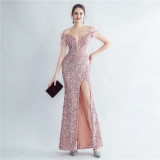 Women Herringbone ostrich velvet sequined mermaid evening dress