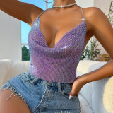 Women Metal Rhinestone Camisole Sexy Backless Tank Top
