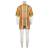 Women Sexy Cutout See-Through Contrasting Color Turndown Collar Top and Shorts Two-Piece Set