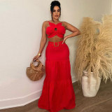 Women Sexy Solid Crop Top and Belt Skirt Two-Piece Set