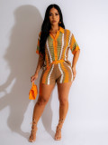 Women Sexy Cutout See-Through Contrasting Color Turndown Collar Top and Shorts Two-Piece Set