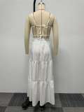 Women Sexy Solid Crop Top and Belt Skirt Two-Piece Set