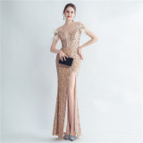 Women Herringbone ostrich velvet sequined mermaid evening dress