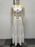 Women Sexy Solid Crop Top and Belt Skirt Two-Piece Set