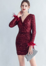 Women Ostrich Feather Sequin Long Sleeve Evening Dress