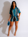 Women Sexy Cutout See-Through Contrasting Color Turndown Collar Top and Shorts Two-Piece Set