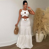 Women Sexy Solid Crop Top and Belt Skirt Two-Piece Set