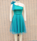 Women One Shoulder Sleeveless Mesh Patchwork Dress