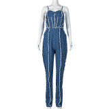 Women Sexy Cutout Tassel Zipper Suspenders Denim Jumpsuit