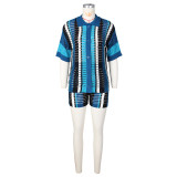 Women Sexy Cutout See-Through Contrasting Color Turndown Collar Top and Shorts Two-Piece Set