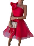 Women One Shoulder Sleeveless Mesh Patchwork Dress