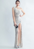 Women Premium Ostrich Feather Satin Sequin Slit Evening Gown