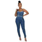 Women Sexy Cutout Tassel Zipper Suspenders Denim Jumpsuit
