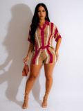 Women Sexy Cutout See-Through Contrasting Color Turndown Collar Top and Shorts Two-Piece Set