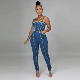 Women Sexy Cutout Tassel Zipper Suspenders Denim Jumpsuit