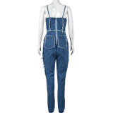 Women Sexy Cutout Tassel Zipper Suspenders Denim Jumpsuit