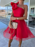 Women One Shoulder Sleeveless Mesh Patchwork Dress