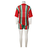 Women Sexy Cutout See-Through Contrasting Color Turndown Collar Top and Shorts Two-Piece Set