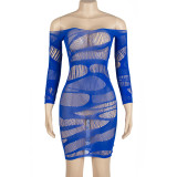 Women Sexy Lingerie Solid Long Sleeve Cutout Mesh Bodycon Dress