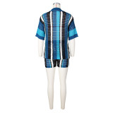 Women Sexy Cutout See-Through Contrasting Color Turndown Collar Top and Shorts Two-Piece Set