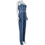 Women Sexy Cutout Tassel Zipper Suspenders Denim Jumpsuit