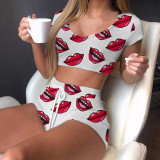 Women Round Neck Lip and Footprint Print Two-Piece Set