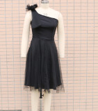 Women One Shoulder Sleeveless Mesh Patchwork Dress