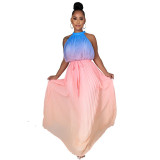 Women's Round Neck Sleeveless Maxi Pleated Tie Dye Pressed Pleated Slim Waist Rainbow Dress