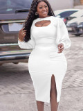 Plus Size Women's Fall Chic Cutout Long Sleeve Slit Solid Color African Dress