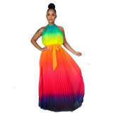 Women's Round Neck Sleeveless Maxi Pleated Tie Dye Pressed Pleated Slim Waist Rainbow Dress